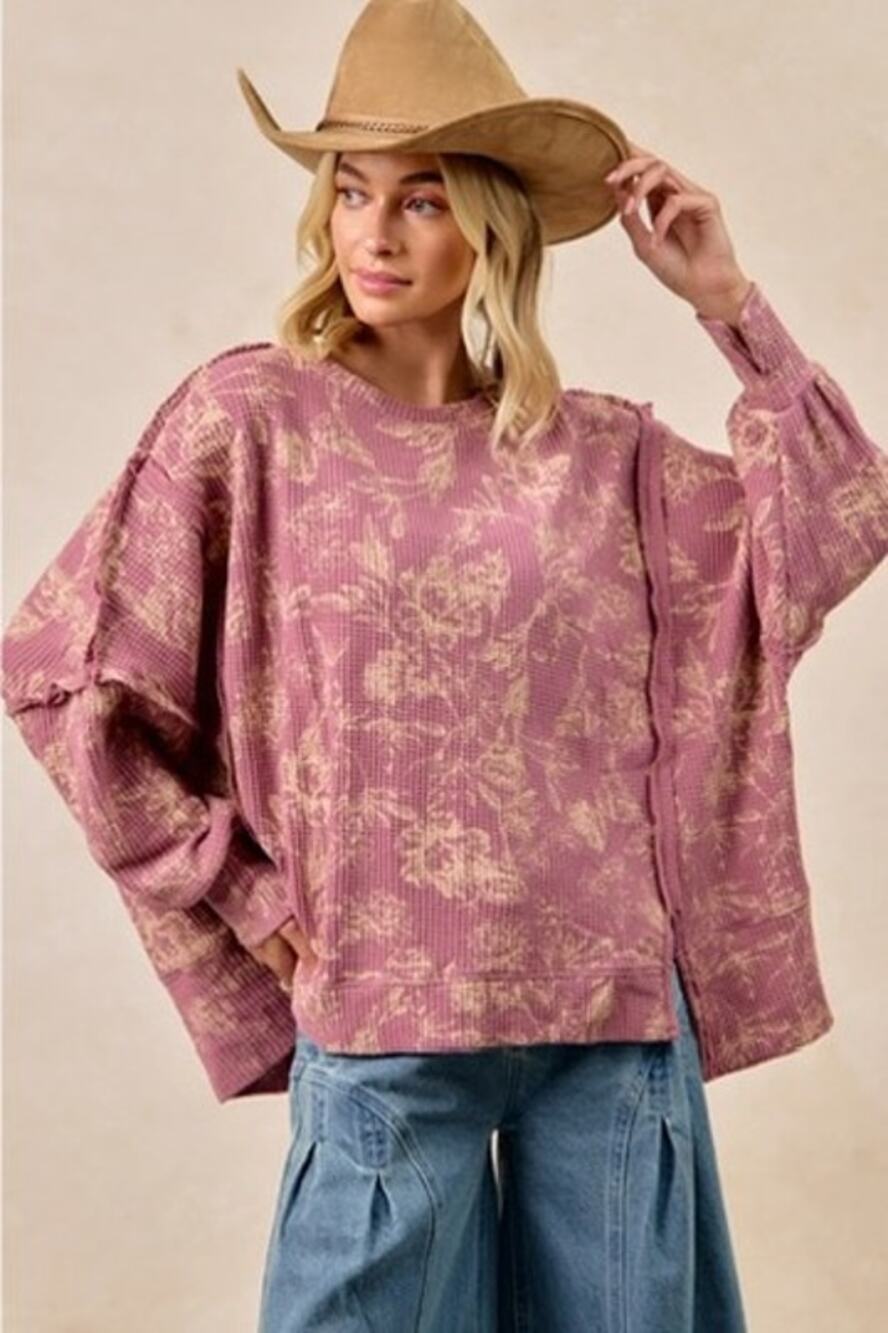 BiBi Blush/Tan Floral Print Oversized Washed Waffle Thermal Sweatshirt NWT